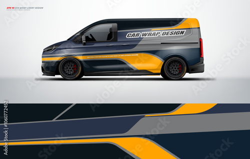 Sporty van wrap pattern design for universal medium van, with a touch of Abstract racing Graphics in orange with background. Vector eps print ready printable file.