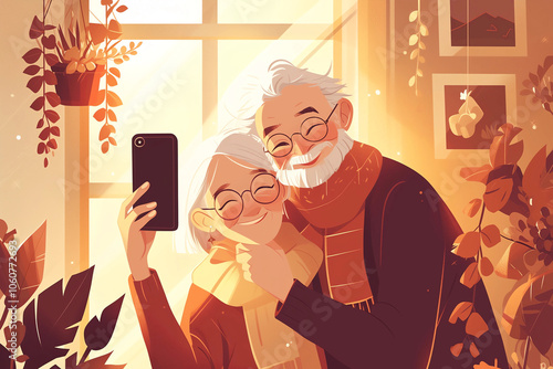 An elderly couple takes a selfie with their cell phones