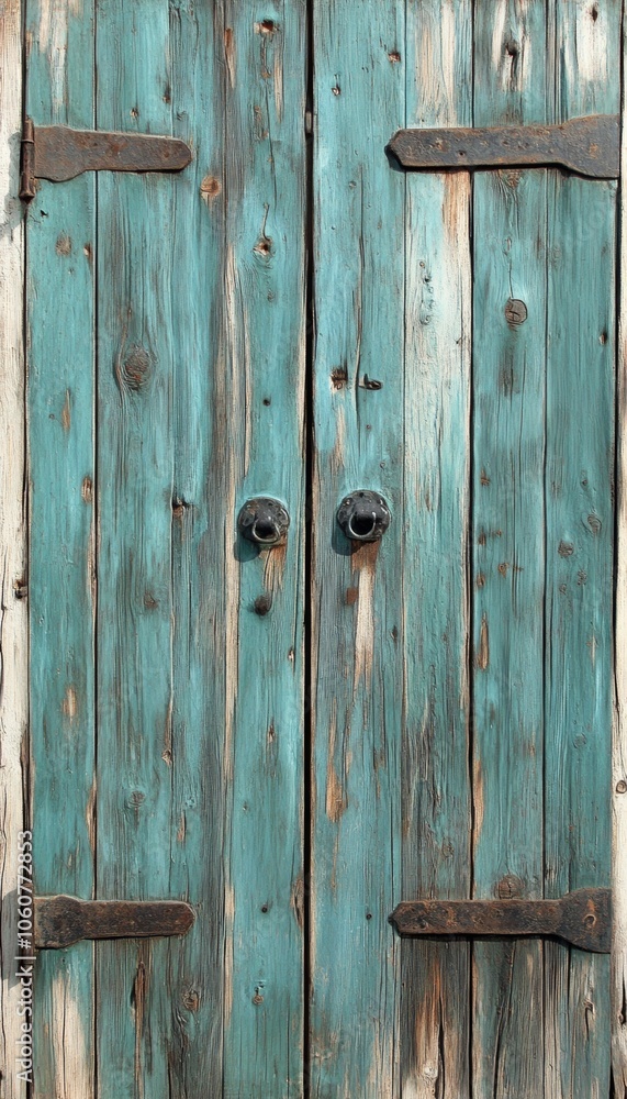Close-up of an old, weathered wooden door painted a soft teal blue, featuring iron hinges and decorative knobs. Close-up of an old, weathered wooden door painted a soft teal blue, featuring iron hinges and decorative knobs.