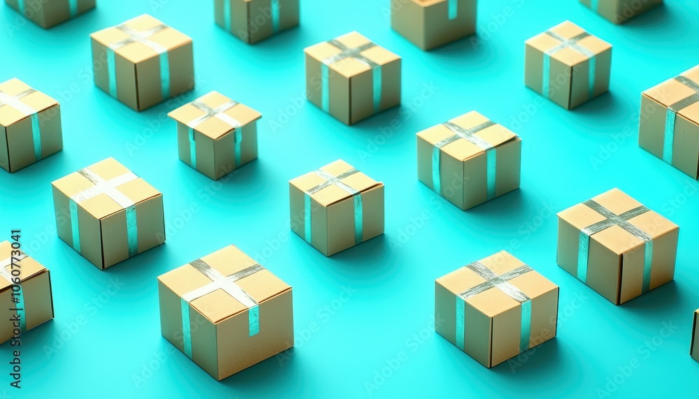 Fototapeta premium Collection of cardboard boxes arranged on a turquoise background for mockup use