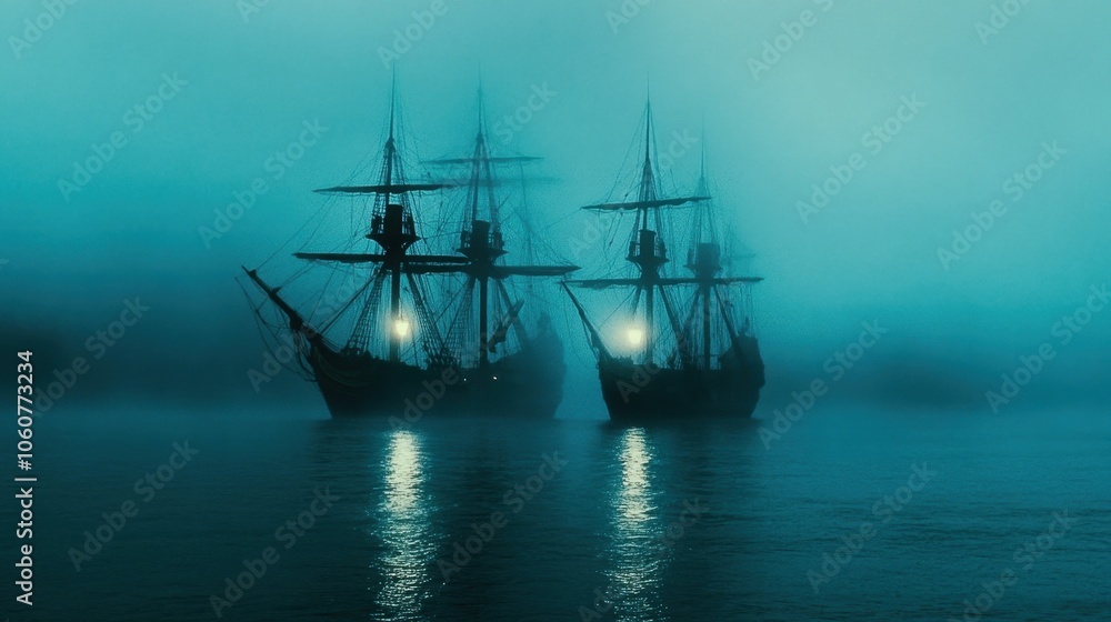 Ghostly Pirate Ships Sailing in the Misty Twilight Ghostly Pirate Ships Sailing in the Misty Twilight