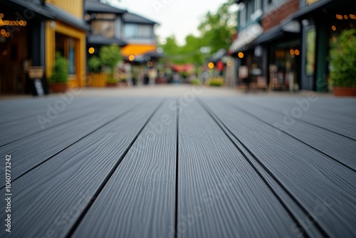 A close-up view of a gray wooden deck, with a blurred background of a bustling street lined with shops.