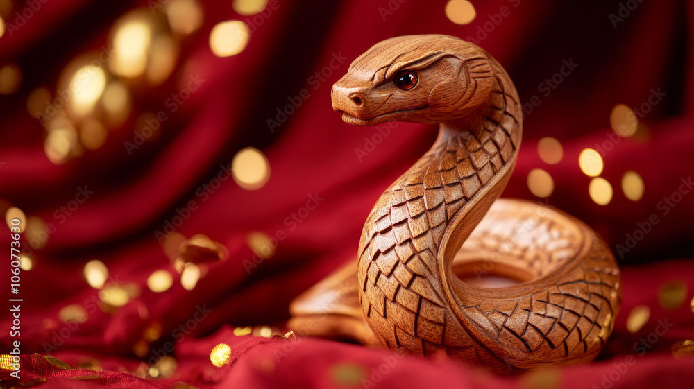 A detailed wooden snake sculpture coiled on a rich red fabric adorned with golden accents, showcasing artistry and craftsmanship. Chinese New Year 2025. The year of the wooden snake. A detailed wooden snake sculpture coiled on a rich red fabric adorned with golden accents, showcasing artistry and craftsmanship. Chinese New Year 2025. The year of the wooden snake.