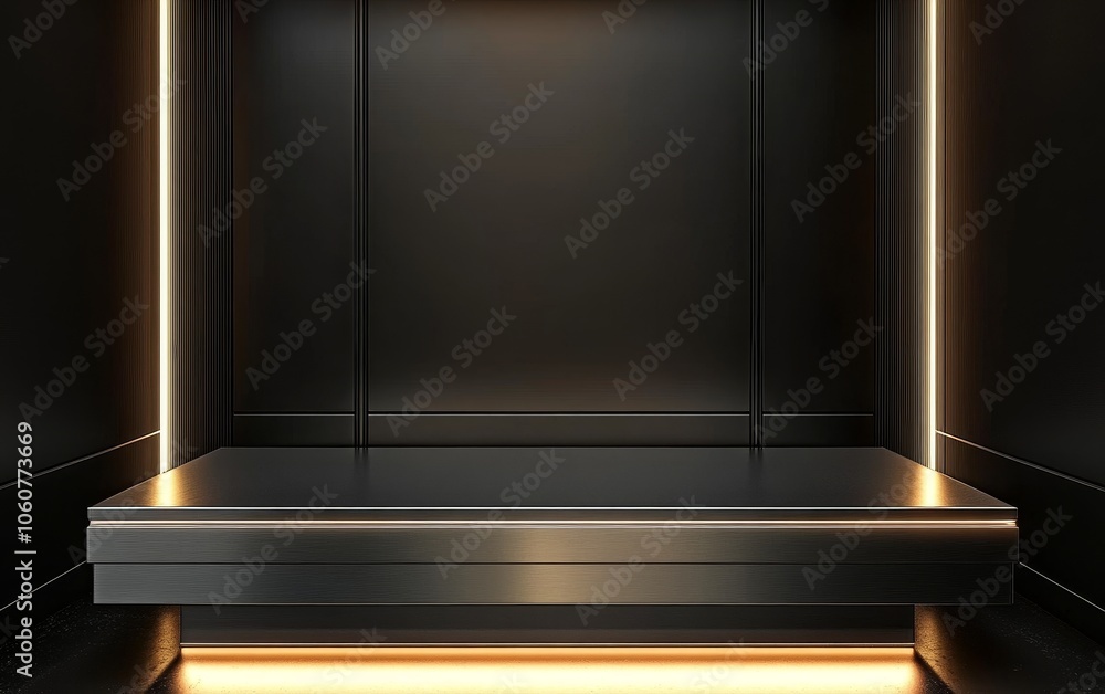 A sleek, modern black elevator interior with ambient lighting and a spacious platform. A sleek, modern black elevator interior with ambient lighting and a spacious platform.