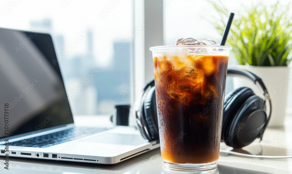 Laptop, headphones, and iced coffee. Laptop, headphones, and iced coffee.