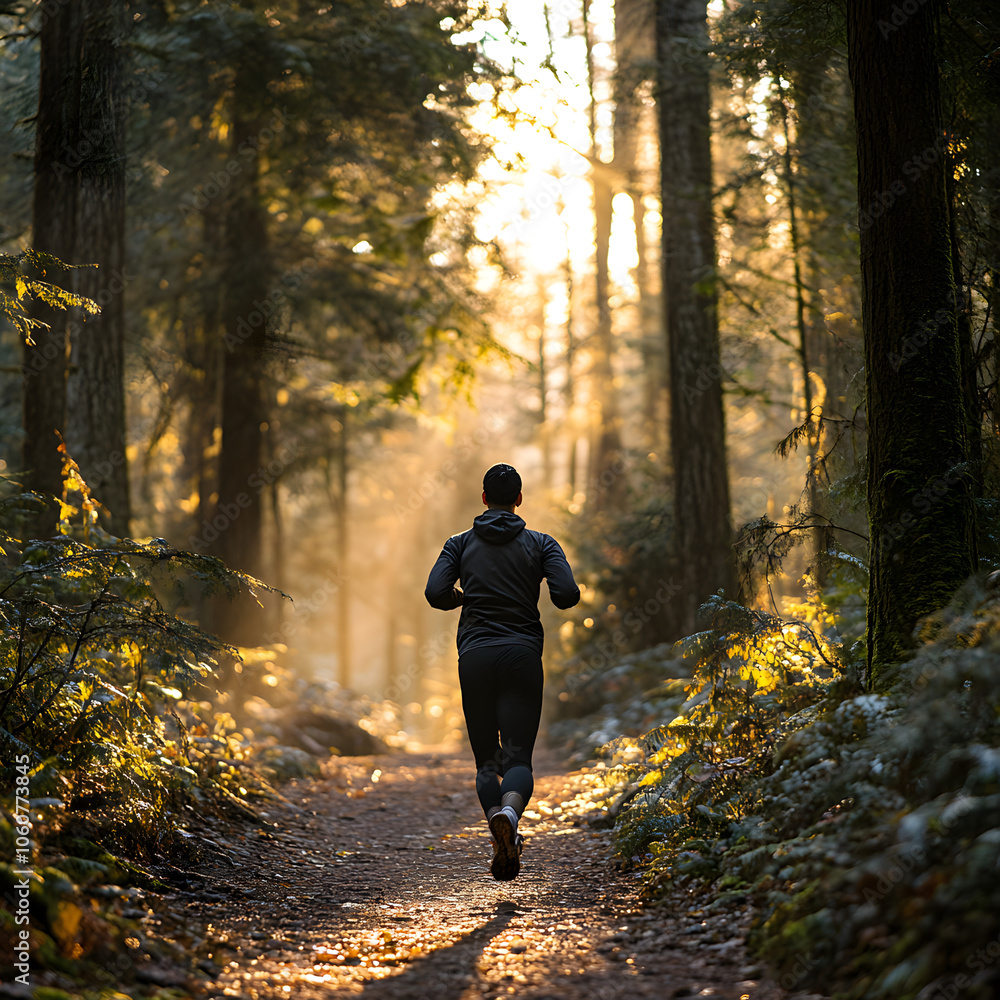 Person jogging through a misty forest trail at sunrise, surrounded by towering trees and warm sunlight Person jogging through a misty forest trail at sunrise, surrounded by towering trees and warm sunlight