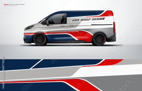 Sporty van wrap pattern design for universal medium van, with a touch of Abstract racing Graphics in red with background. Vector eps print ready printable file.