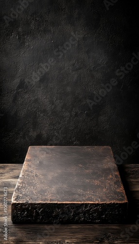 Rustic wooden table with a dark background, perfect for showcasing food or products.