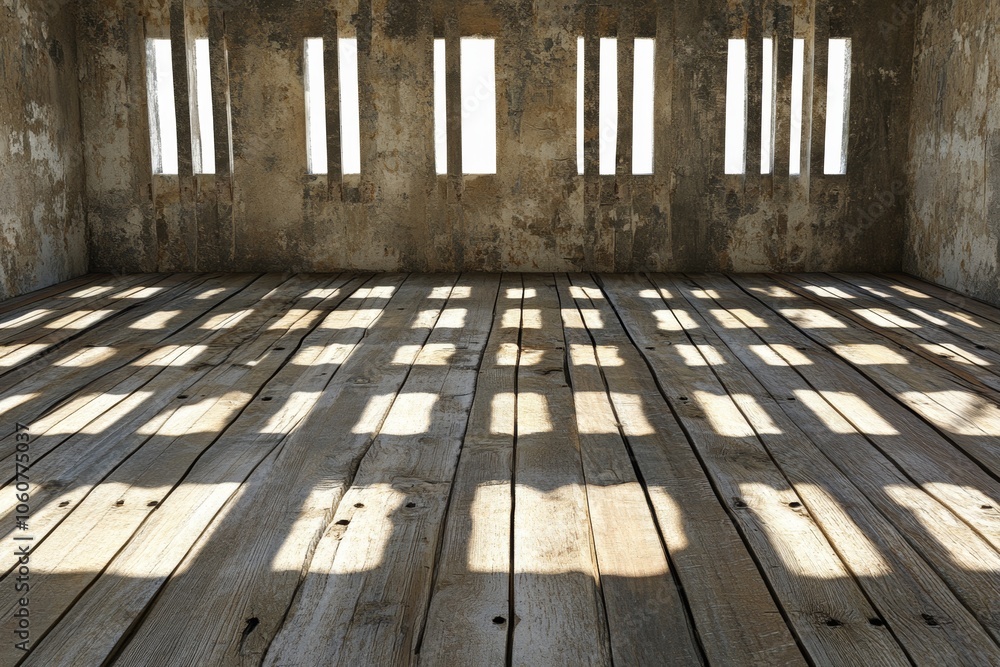 Sunlight streams through barred windows, casting long shadows across the worn wooden floor of an abandoned building. Sunlight streams through barred windows, casting long shadows across the worn wooden floor of an abandoned building.