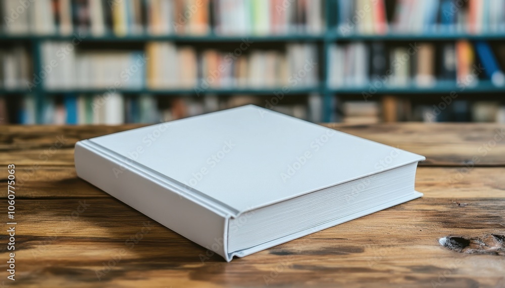 Blank book cover template displayed on wooden table with blurred bookshelf background Blank book cover template displayed on wooden table with blurred bookshelf background