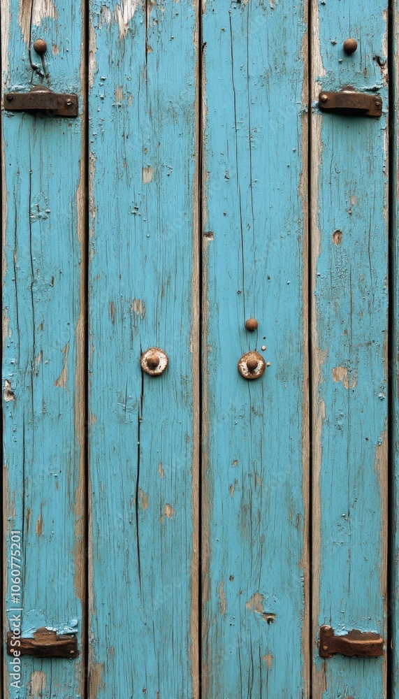 Weathered turquoise wooden door with rusty hinges. The paint is peeling off in several spots. Weathered turquoise wooden door with rusty hinges. The paint is peeling off in several spots.
