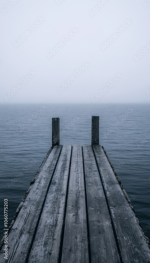 A wooden pier extends out into a foggy lake, disappearing into the mist. A wooden pier extends out into a foggy lake, disappearing into the mist.