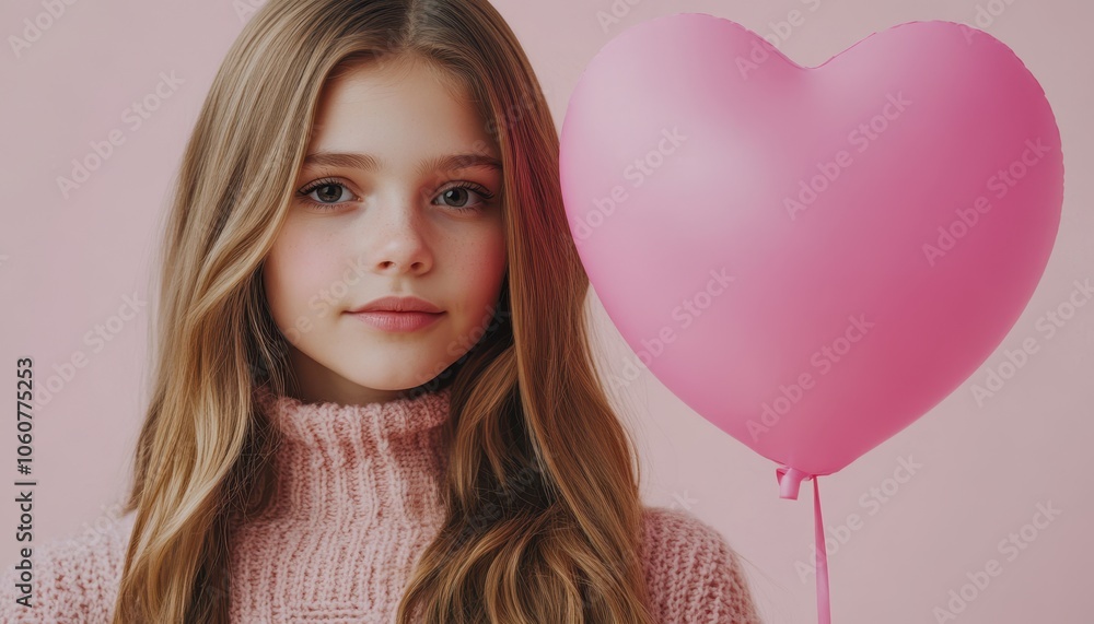 Fashionable young girl with pink heart balloon in a minimal romantic setting Fashionable young girl with pink heart balloon in a minimal romantic setting