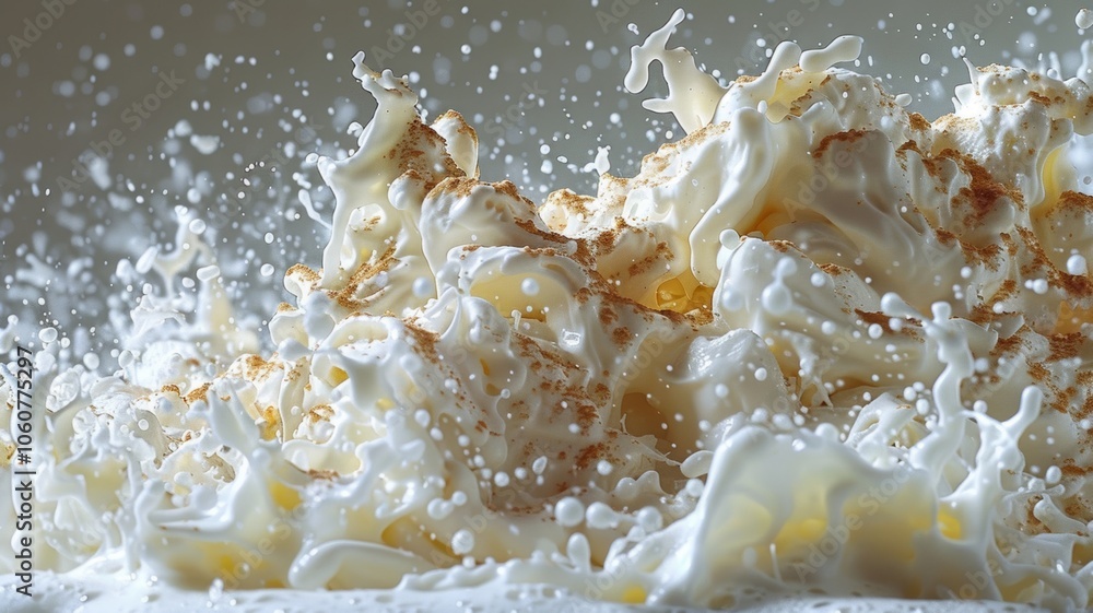 An exciting ice cream explosion captured in a vibrant white background showcasing splashes and creamy textures in a fun dessert moment An exciting ice cream explosion captured in a vibrant white background showcasing splashes and creamy textures in a fun dessert moment
