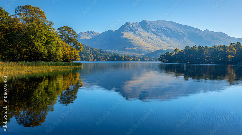 A Still Lake with Mountains and Trees Reflected on the Water
A Still Lake with Mountains and Trees Reflected on the Water