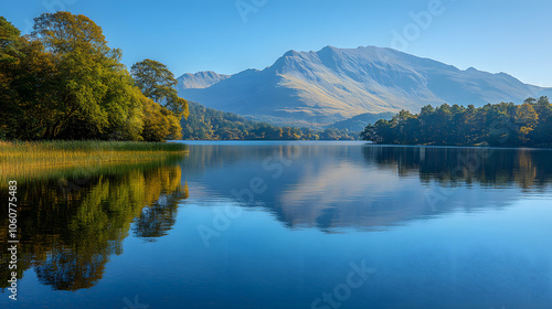 A Still Lake with Mountains and Trees Reflected on the Water 