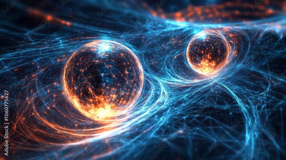 Fototapeta premium Two glowing orbs, one orange and one blue, are connected by swirling lines of energy in this digital artwork
