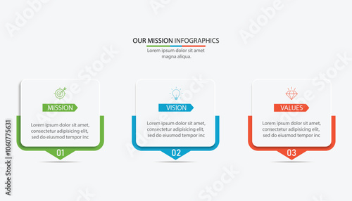 Mission, vision, values, graphic design template.eps 10 on white background, Can be used for presentation workflow layout, banner, process, diagram, flowchart, infographic, annual report.
