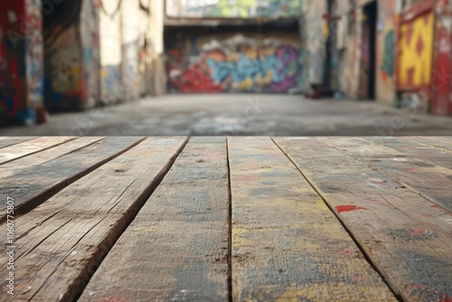 A weathered wooden surface with a blurred background of graffiti in an urban setting.