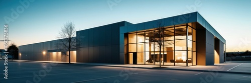 Modern industrial building, glass facade, illuminated interior, dusk lighting, blue sky, architectural photography, clean lines, minimalist design, commercial property, wide-angle shot, empty parking 