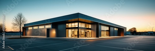 Modern industrial building, glass facade, illuminated interior, dusk lighting, blue sky, architectural photography, clean lines, minimalist design, commercial property, wide-angle shot, empty parking 