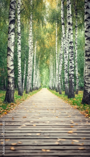 A wooden path winds through a birch tree forest, inviting you to explore the natural beauty.