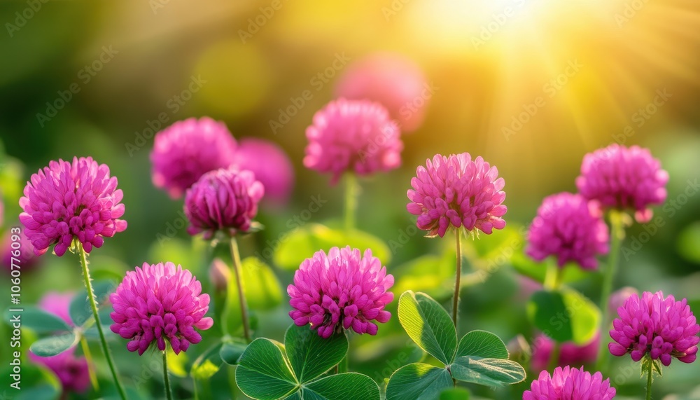 Morning sun shines on clover wildflowers in a peaceful summer meadow Morning sun shines on clover wildflowers in a peaceful summer meadow