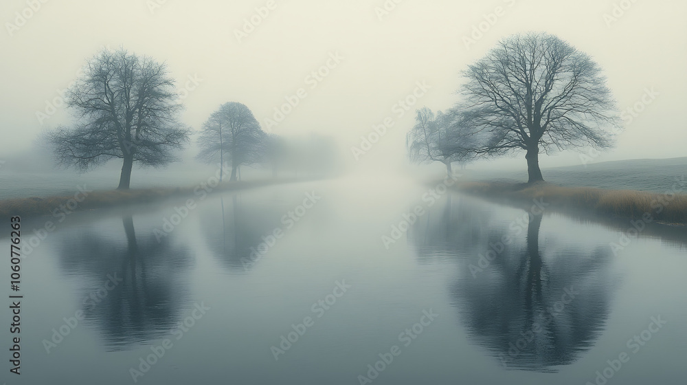 A Serene River Enveloped in Morning Fog with Trees Lining the Riverbanks
A Serene River Enveloped in Morning Fog with Trees Lining the Riverbanks