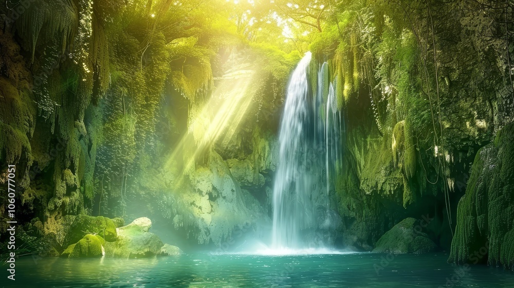 Enchanting medieval fantasy cave with soft light, lush nature, and serene flowing water Enchanting medieval fantasy cave with soft light, lush nature, and serene flowing water