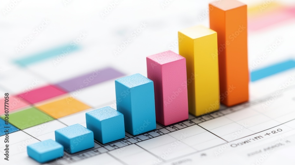 Colorful 3D bar graph on financial document, illustrating business data analysis and growth trends with vibrant economic visuals. Colorful 3D bar graph on financial document, illustrating business data analysis and growth trends with vibrant economic visuals.