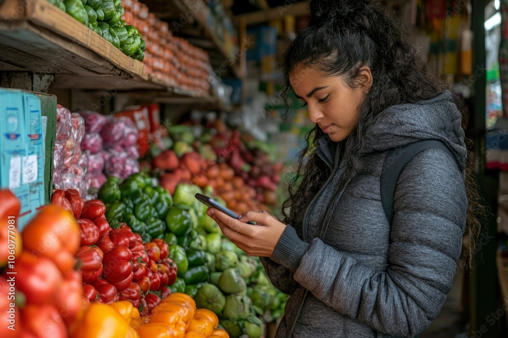 Young Woman Uses Phone While Shopping for Produce Young Woman Uses Phone While Shopping for Produce