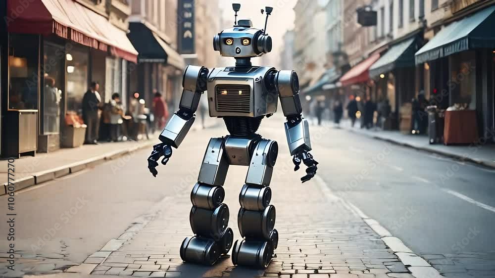 Robot is taking a stroll down a city street, exploring the urban environment Robot is taking a stroll down a city street, exploring the urban environment