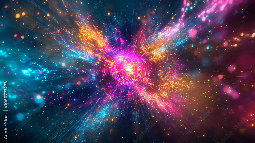 Obraz premium A vibrant, colorful explosion of light shines against a dark background, creating a dazzling display