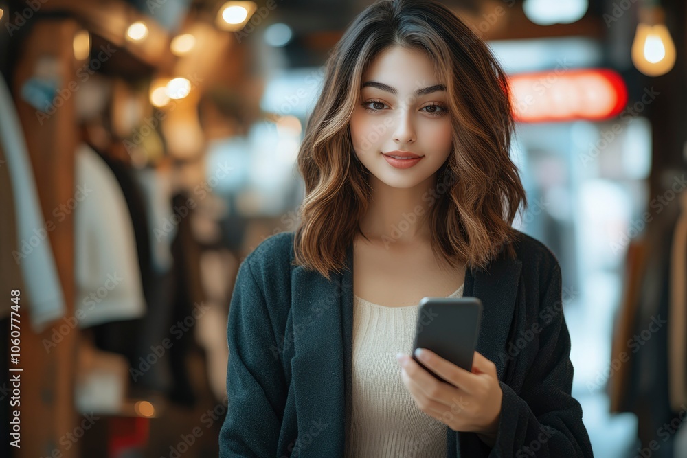 Young Woman Using Smartphone in Store with Blurry Background Young Woman Using Smartphone in Store with Blurry Background