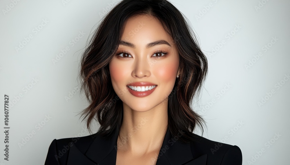 Woman with balayage highlights and a confident smile on a white background Woman with balayage highlights and a confident smile on a white background