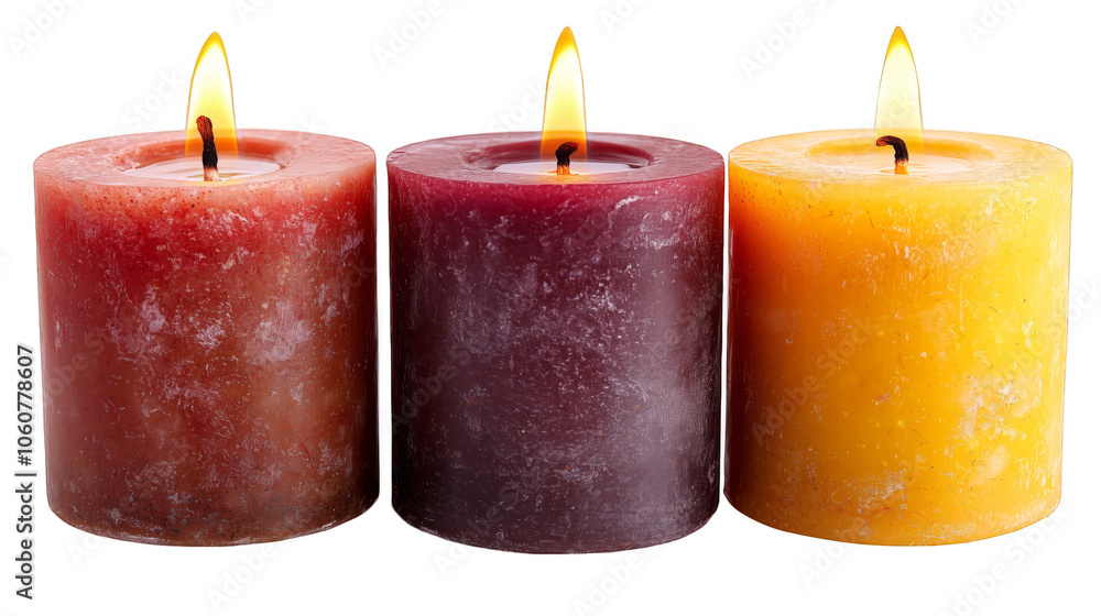 Set of Three Colorful Candles with Flames Set of Three Colorful Candles with Flames