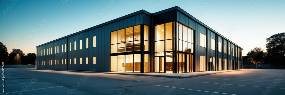 Modern industrial building, glass facade, illuminated interior, dusk lighting, blue sky, architectural photography, clean lines, minimalist design, commercial property, wide-angle shot, empty parking Modern industrial building, glass facade, illuminated interior, dusk lighting, blue sky, architectural photography, clean lines, minimalist design, commercial property, wide-angle shot, empty parking