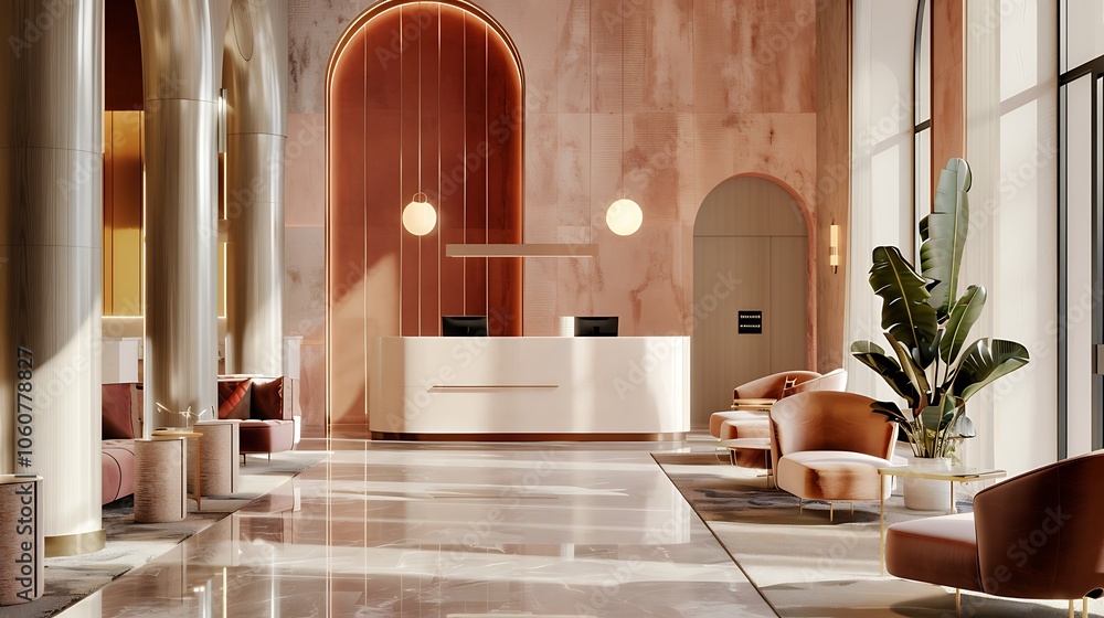 Bright, luxurious hotel lobby with sleek leather seating, artistic decor, soft lighting, and a gleaming polished floor, embodying modern elegance and grandeur Bright, luxurious hotel lobby with sleek leather seating, artistic decor, soft lighting, and a gleaming polished floor, embodying modern elegance and grandeur