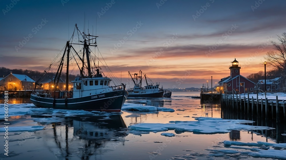 Fishing Boats in Icy Harbor at Sunset