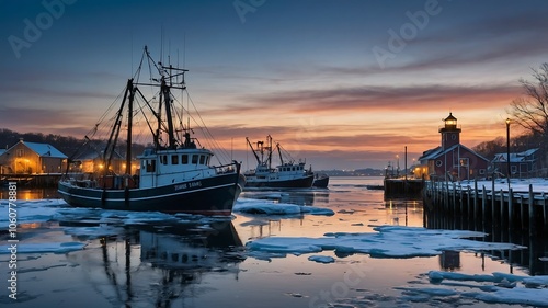 Obraz na płótnie Fishing Boats in Icy Harbor at Sunset w salonie