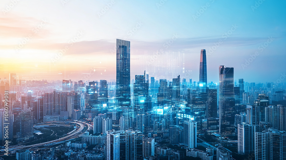 A panoramic view of a modern city at sunset, showcasing the high-rise buildings and intricate road network A panoramic view of a modern city at sunset, showcasing the high-rise buildings and intricate road network