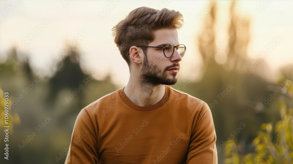 Handsome man wearing glasses and orange sweater
Handsome man wearing glasses and orange sweater