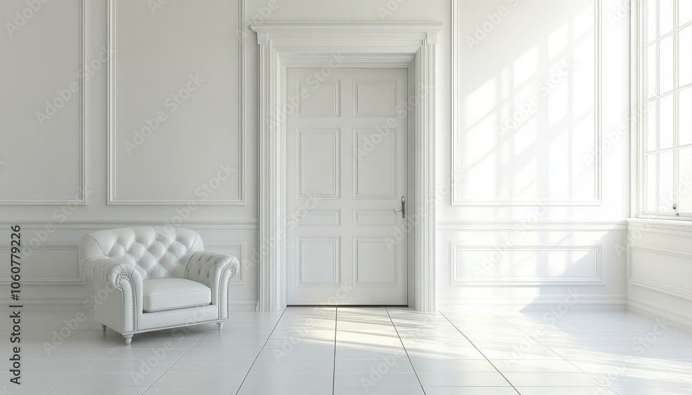 Fototapeta premium Open door leading to a luxury bright room with large windows in a new apartment