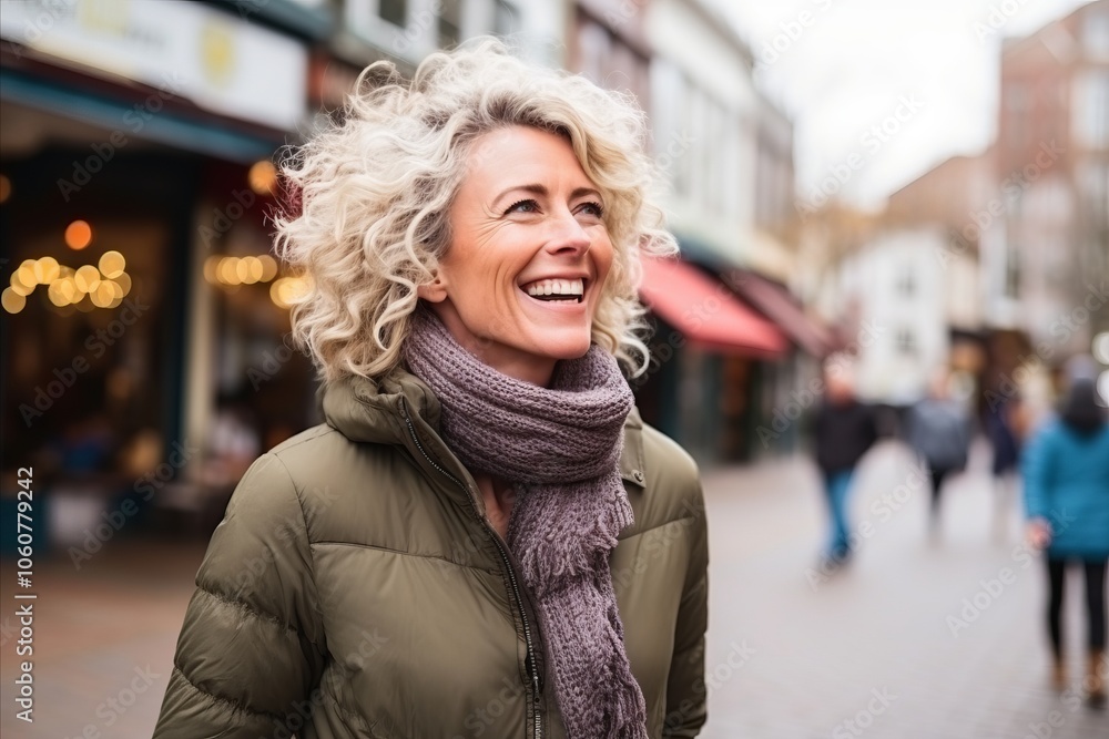 Portrait of a happy senior woman walking down a street in winter Portrait of a happy senior woman walking down a street in winter