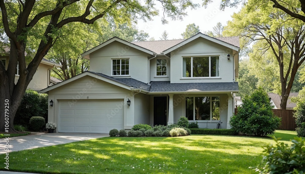 Modern house with a landscaped front yard and large windows, surrounded by trees. Modern house with a landscaped front yard and large windows, surrounded by trees.