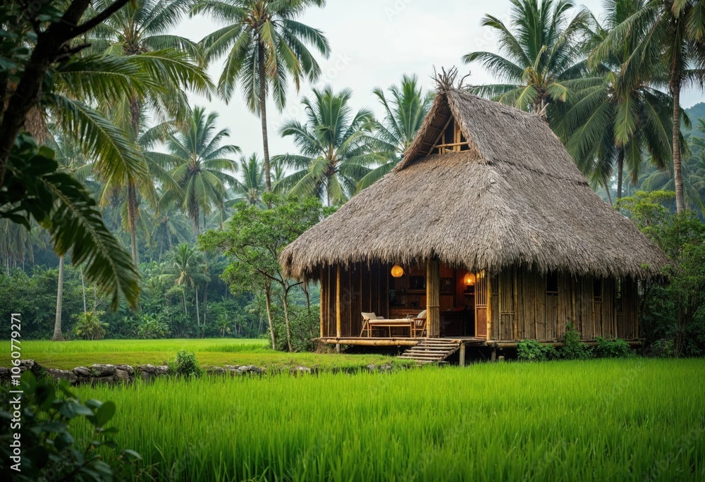 Beautiful bamboo house surrounded by lush greenery and palm trees. Beautiful bamboo house surrounded by lush greenery and palm trees.