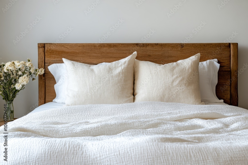 Enjoy comfort and style with this white linen bed featuring cozy cushions and a rustic wood headboard, fostering a tranquil bedroom atmosphere for deep relaxation and restful sleep Enjoy comfort and style with this white linen bed featuring cozy cushions and a rustic wood headboard, fostering a tranquil bedroom atmosphere for deep relaxation and restful sleep