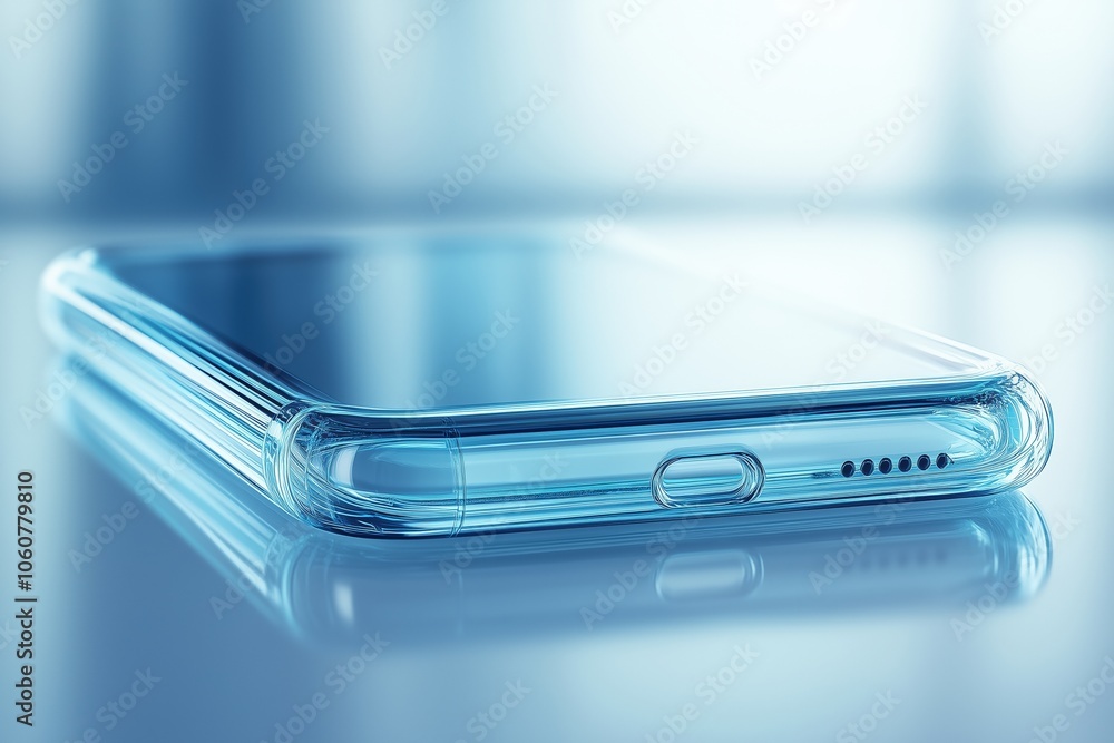 Close-up of a modern transparent smartphone on reflective surface Close-up of a modern transparent smartphone on reflective surface