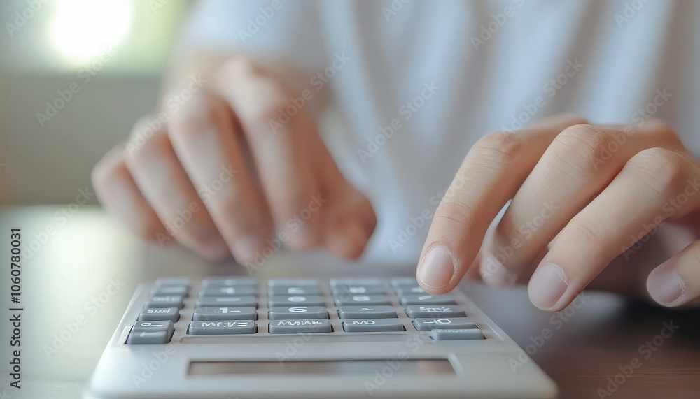 Man calculating household finances with calculator in a bright, organized space Man calculating household finances with calculator in a bright, organized space