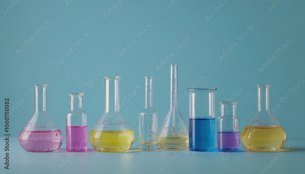 Colorful chemistry lab setup on a blue backdrop with various glassware Colorful chemistry lab setup on a blue backdrop with various glassware